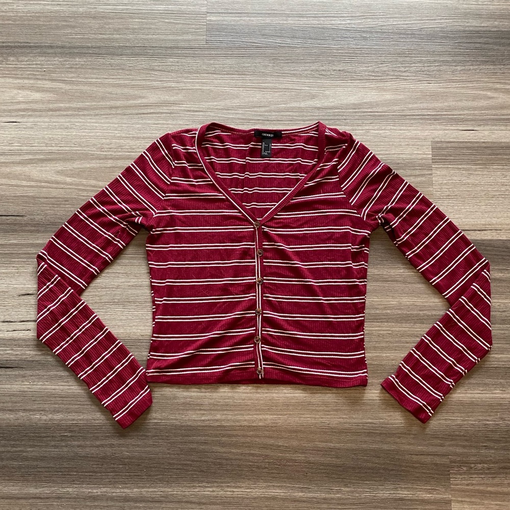Forever 21 Burgundy Striped Long Sleeve Top
